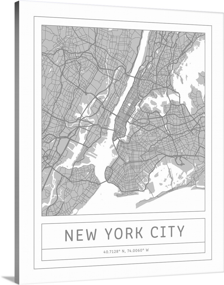 Gray minimal city map of New York City, New York, USA with longitude and latitude coordinates.
