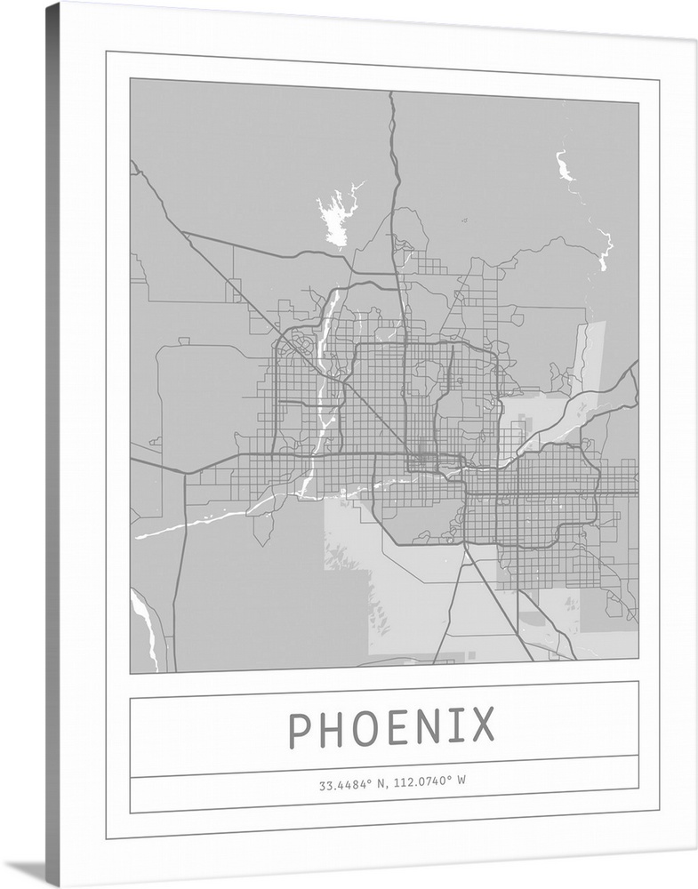 Gray minimal city map of Phoenix, Arizona, USA with longitude and latitude coordinates.