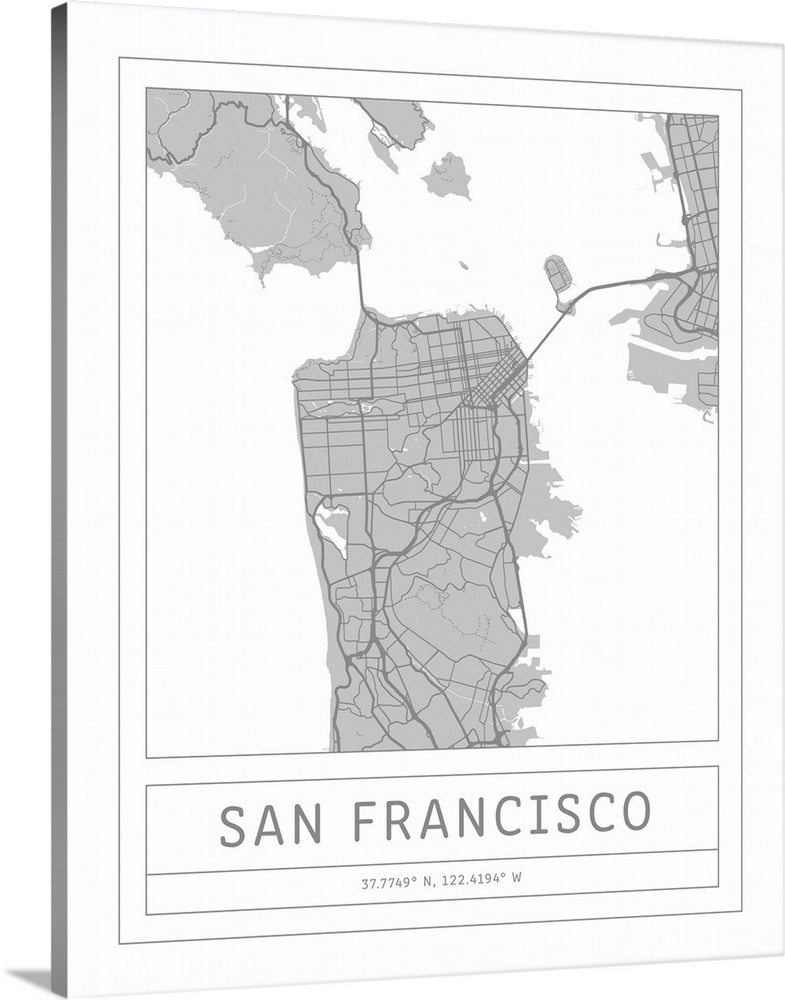 Gray minimal city map of San Francisco, USA with longitude and latitude coordinates.