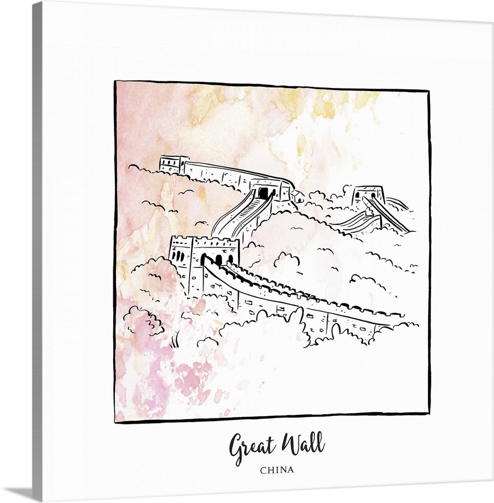 An ink illustration of the Great Wall of China, with a pink and yellow watercolor wash.