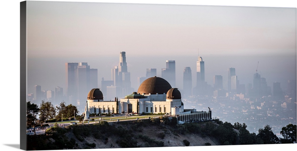 Elevated view of Griffith Observatory with downtown Los Angeles in the background, California.