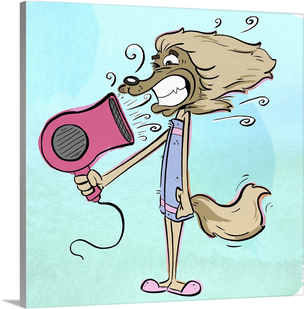 Cute cartoon artwork of an Afghan dog blow-drying her hair.