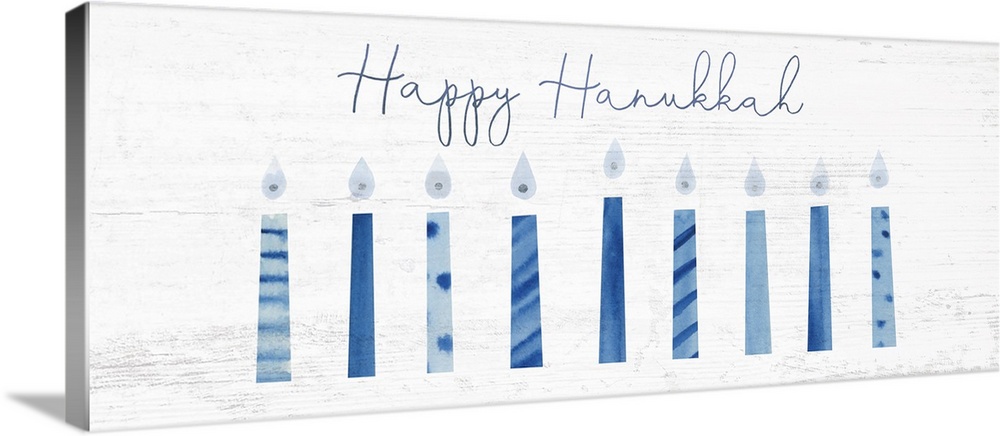 Happy Hanukkah in handwritten script with nine blue candles in a menorah pattern on a distressed barnwood background.