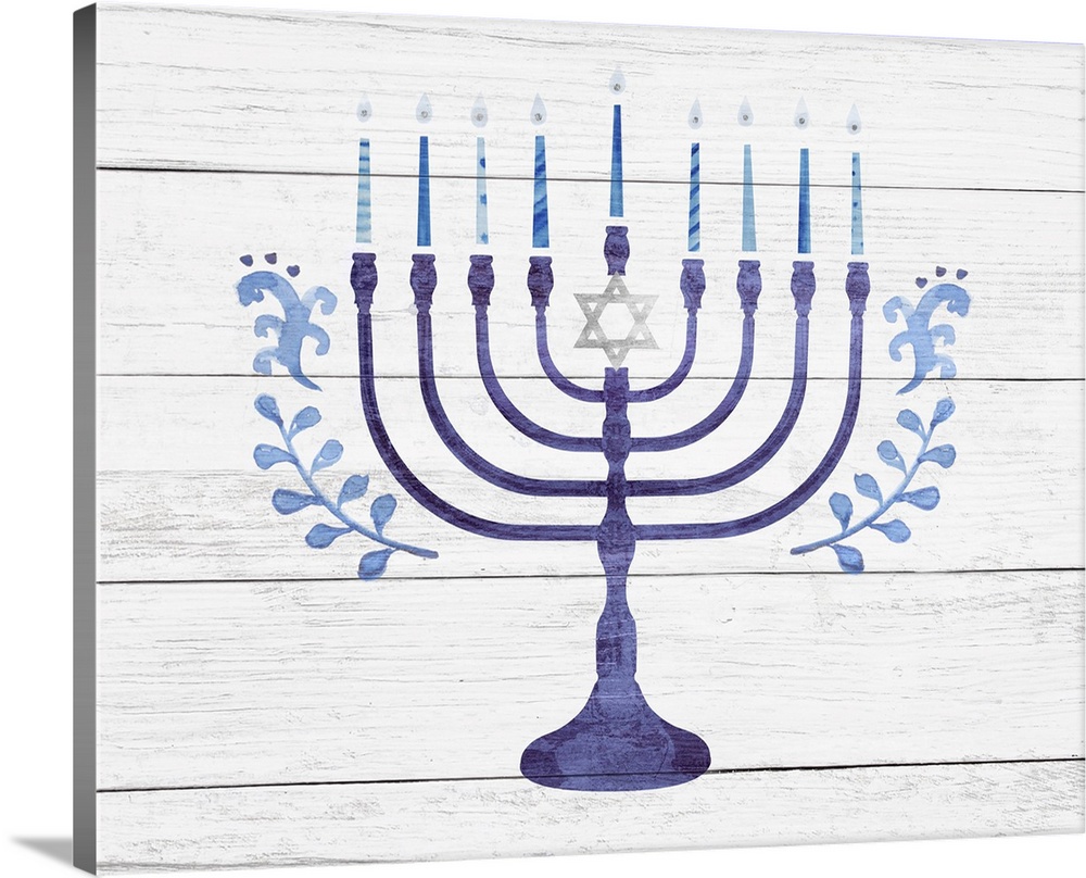 Hanukkah decorative art featuring a blue menorah on a distressed barnwood background.