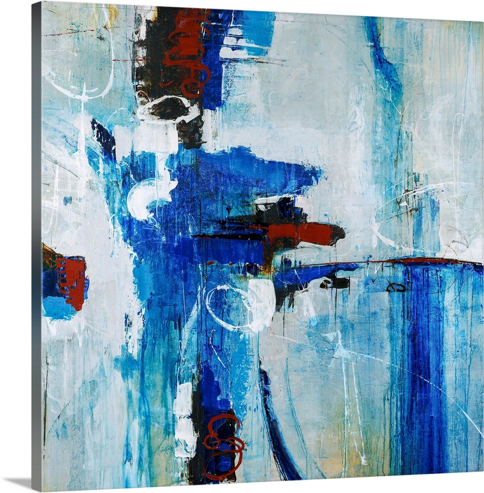 Abstract painting of bright blue brustrokes against a gray-blue background.
