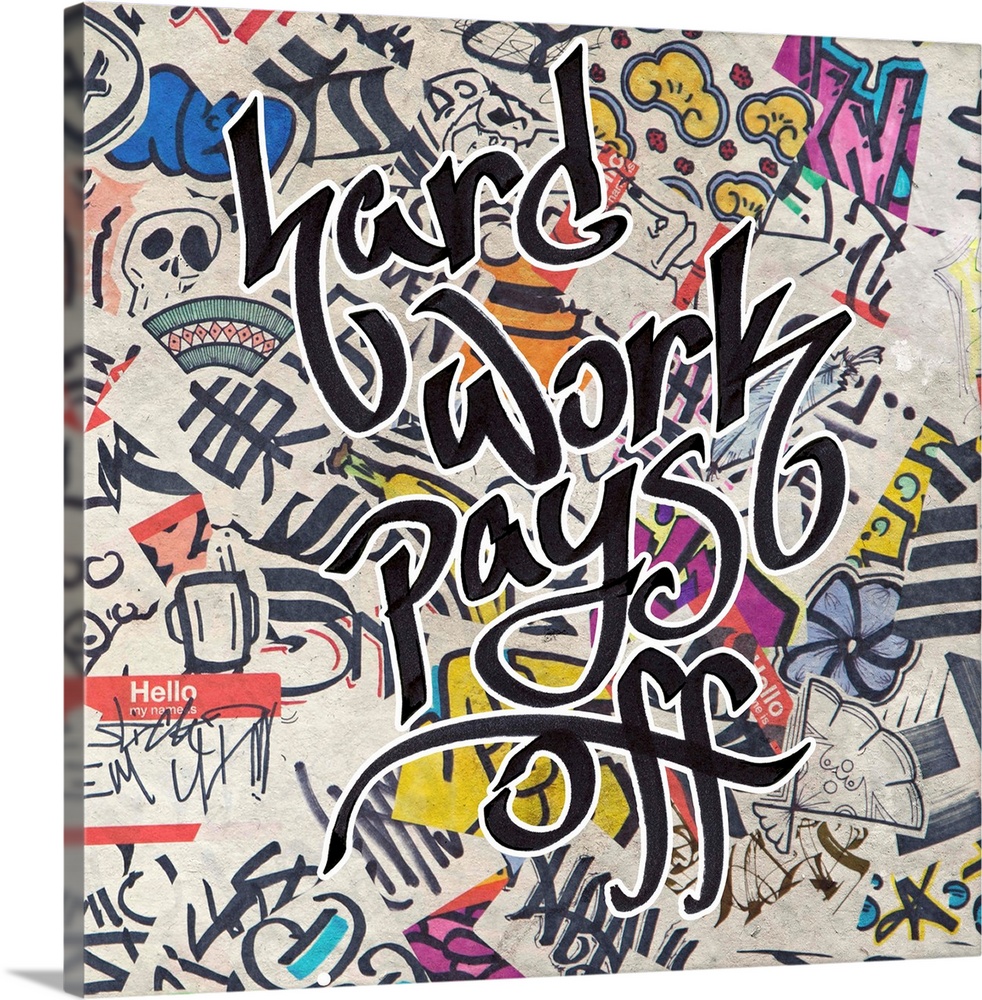 Graffiti-style lettering over a grunge background of pop stickers and symbols.