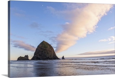 Haystack Rock at Sunset with Moon, Cannon Beach, Oregon
