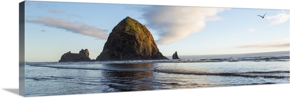 Panoramic photograph of Haystack Rock with a bird flying in the sky at Cannon Beach.