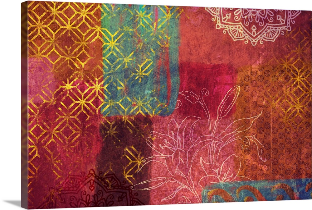 A Bohemian-style abstract collage incorporating floral elements, mandalas, and Moroccan tile patterns.