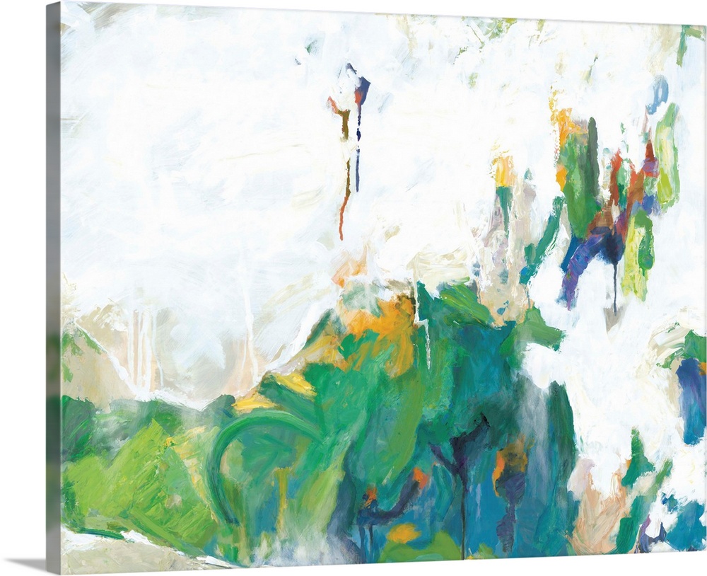 Contemporary abstract artwork in shades of blue and green with white spaces.