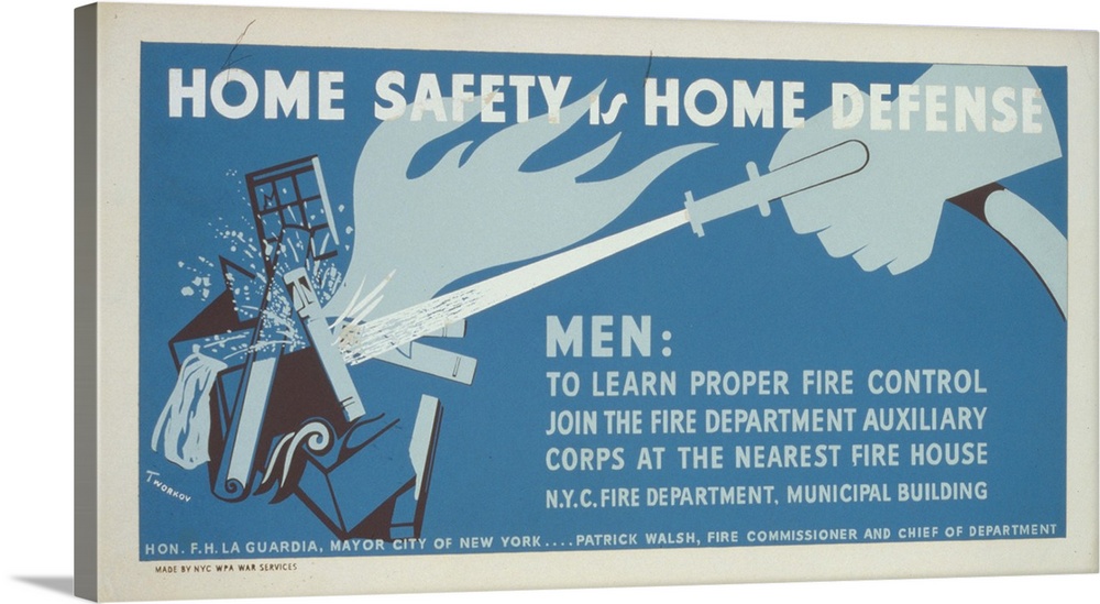 Artwork for New York City Fire Department encouraging men to join the fire department auxiliary corps, showing a hand hold...