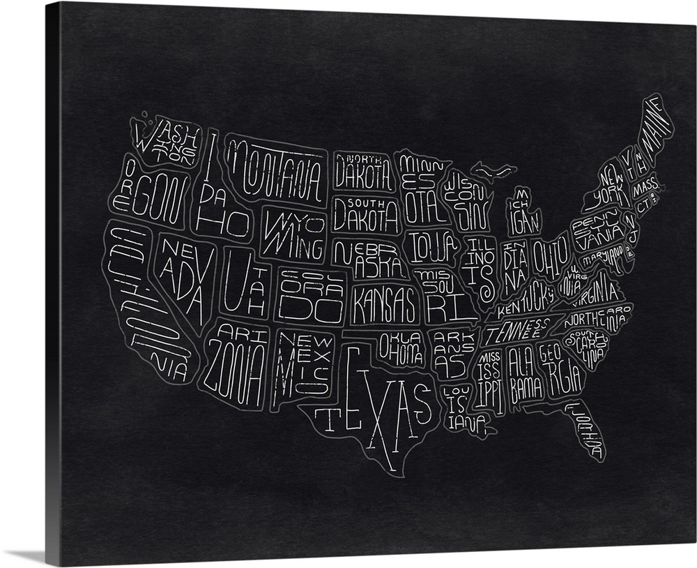 Continental map of the United States with the names of the states in a handwritten style.