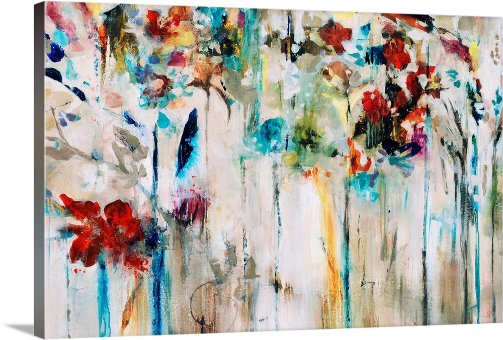 Abstracted painting of flowers done in brilliant colors set against a neutral background.