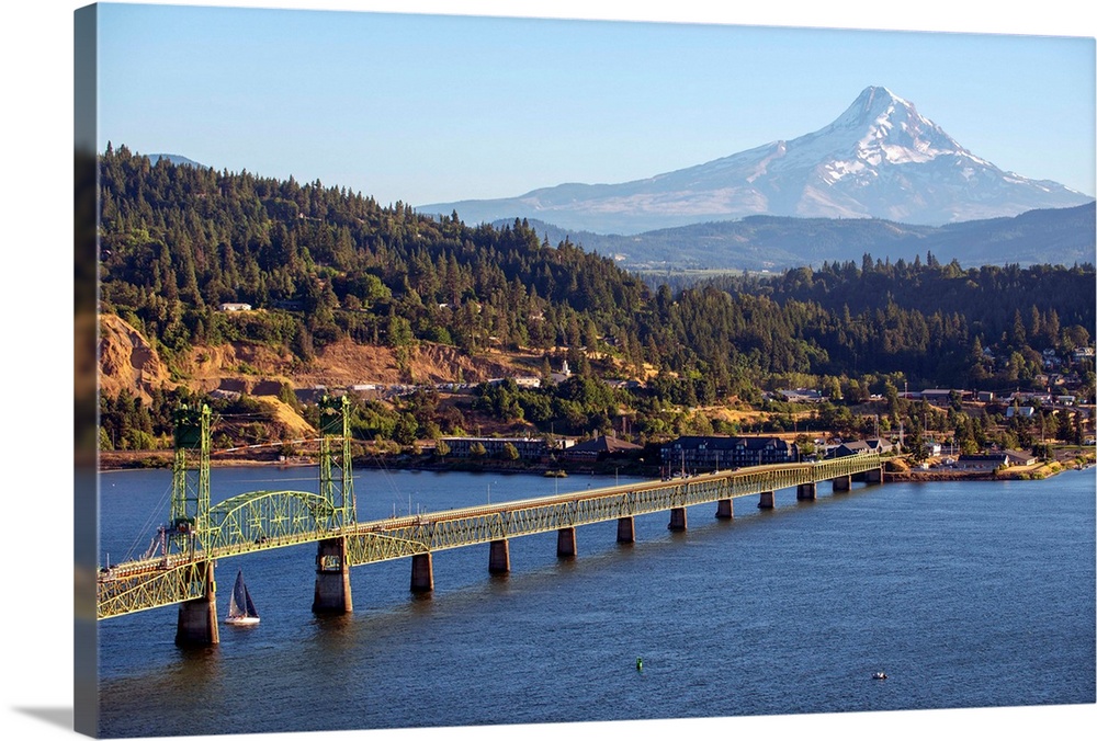 View of Hood River Bridge with Mount Hood Peak in the background, Portland Oregon.