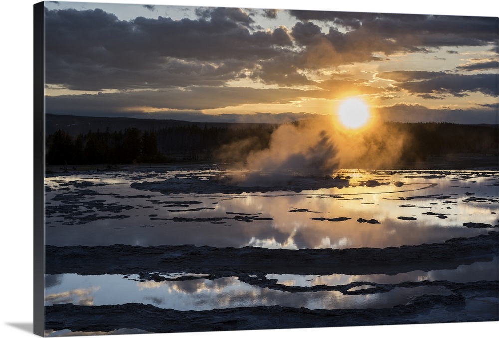 Beautiful sunset over the hot springs at Yellowstone National Park.