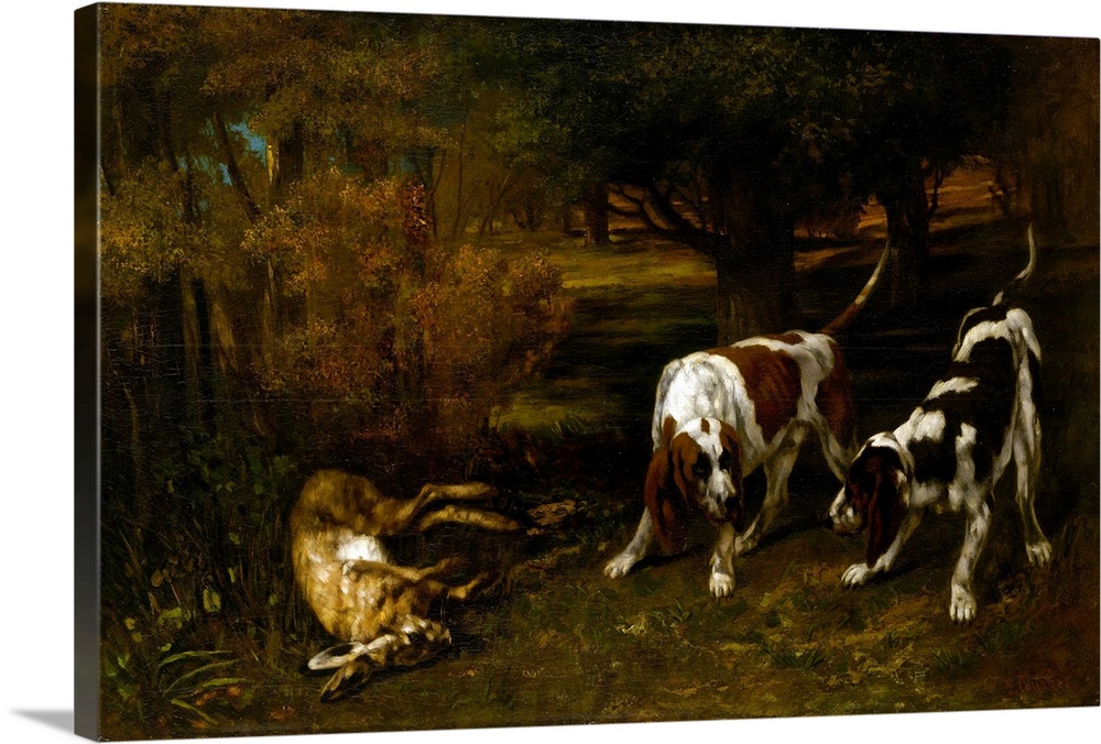 This picture dates to the same year that Courbet debuted his hunting scenes at the Paris Salon of 1857. It invites compari...