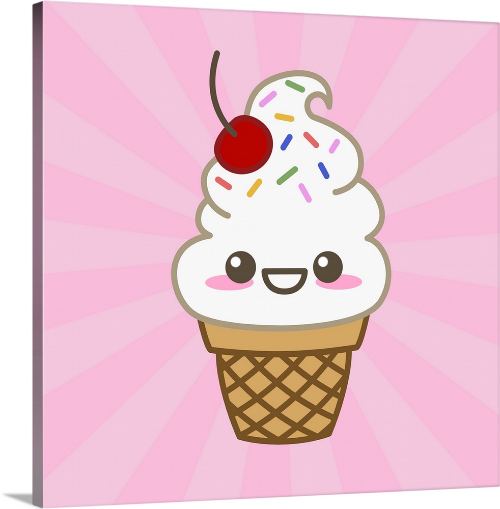 An adorable ice cream cone with a cherry and sprinkles on a pink background.
