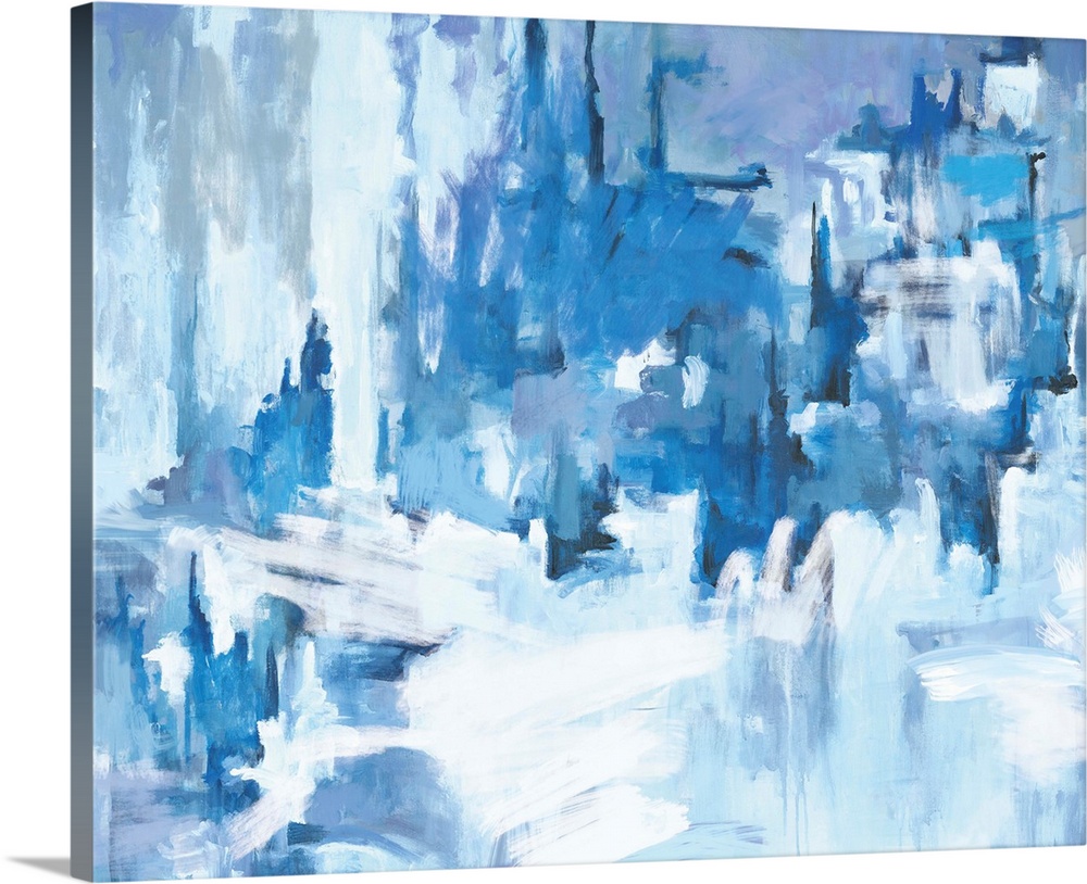 A contemporary abstract painting using multiple tones of blue creating a sort of icy landscape.