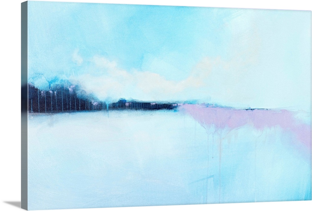 Contemporary abstract painting in light blue and lavender tones,  resembling a field in the winter.