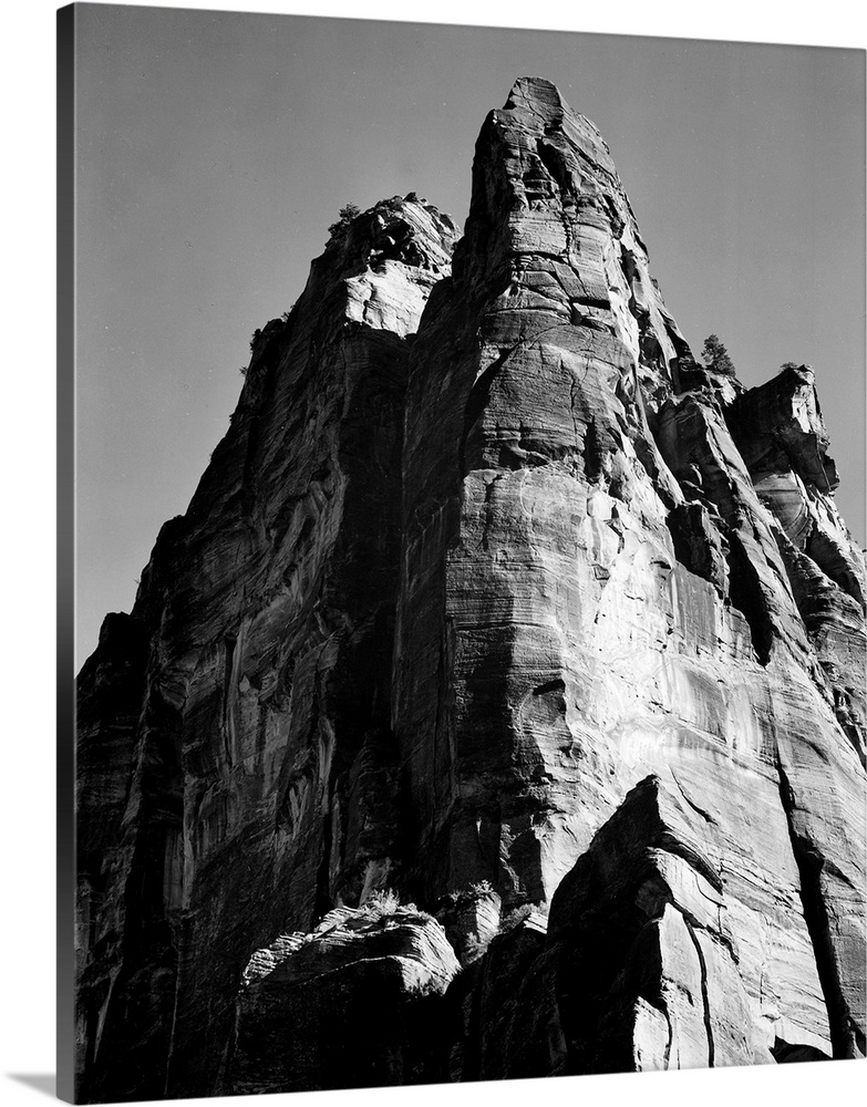 In Zion National Park, vertical of rock formation, from below.