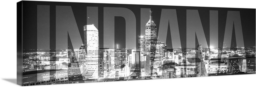 Transparent typography art overlay against a photograph of the Indianapolis city skyline.