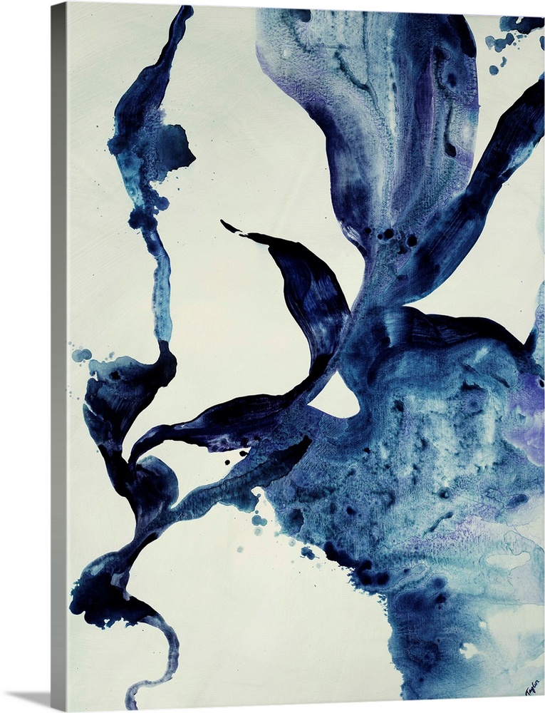 Contemporary abstract painting featuring fluid and curvaceous shapes done in varying shades of indigo blue.