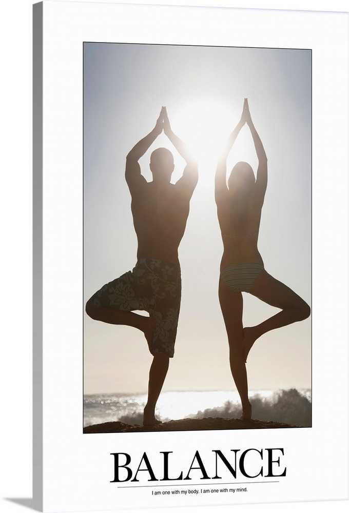 Poster showing a man and a woman balancing in a yoga pose on the beach with the ocean in the  background and the sun shining.