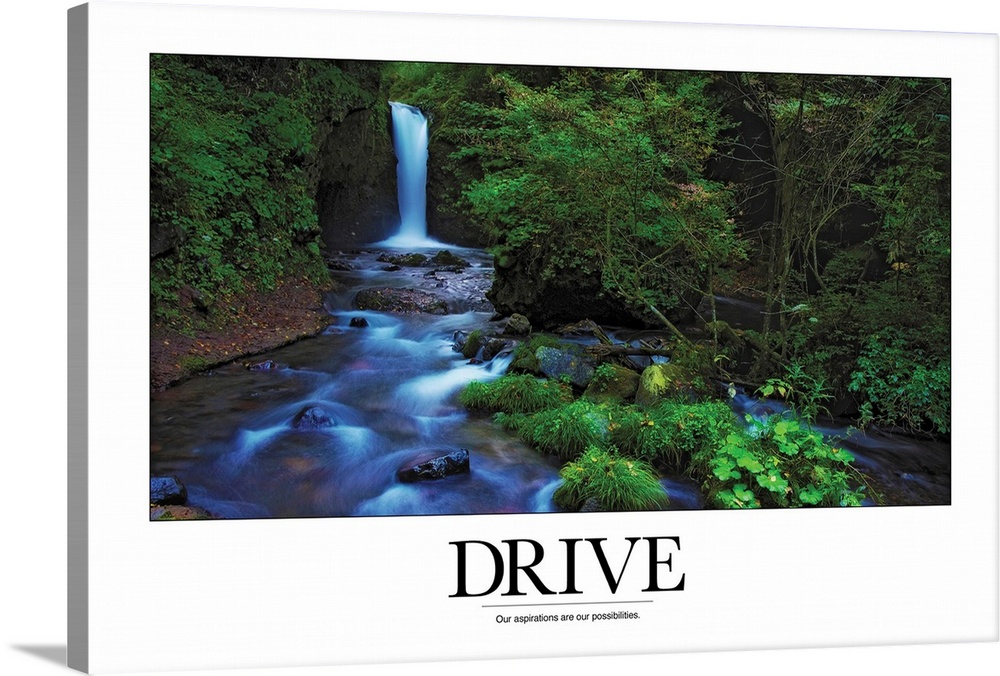 A simple poster with a message of inspiration shows a waterfall and stream in a North American forest in the summer.