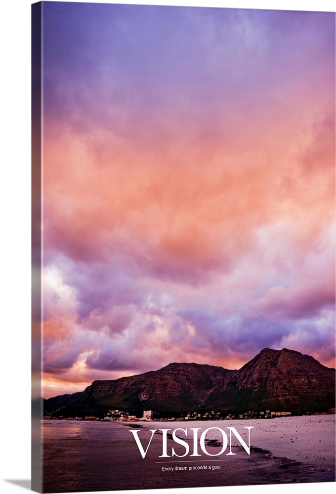 Big, vertical, inspirational wall hanging of a photograph of a pastel sky full of fluff, billowing clouds, above a mountai...