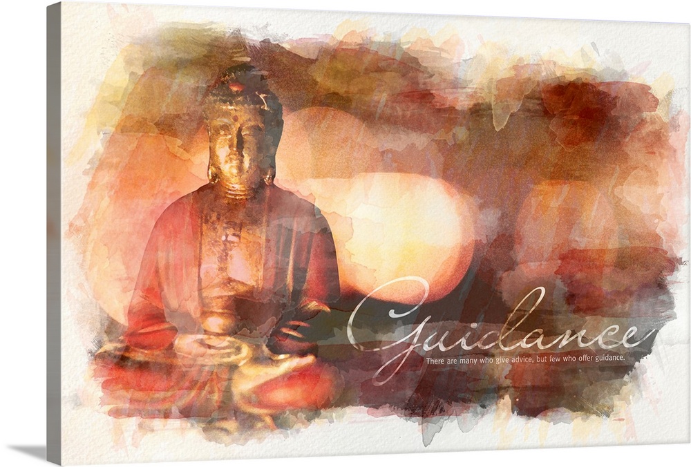 Watercolor-style image of a Buddha statue bathed in warm light with an inspirational quotation.
