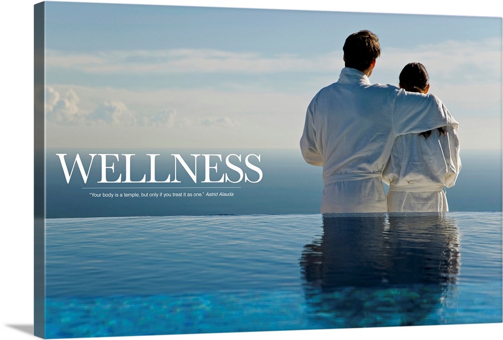A couple in white robes at a spa sitting on the edge of an infinity pool, with an inspirational quote about Wellness.