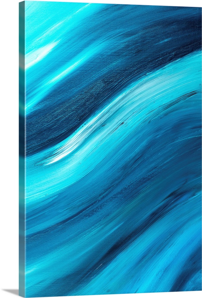 Vertical contemporary painting in shades of blue, giving the impression of rolling waves.