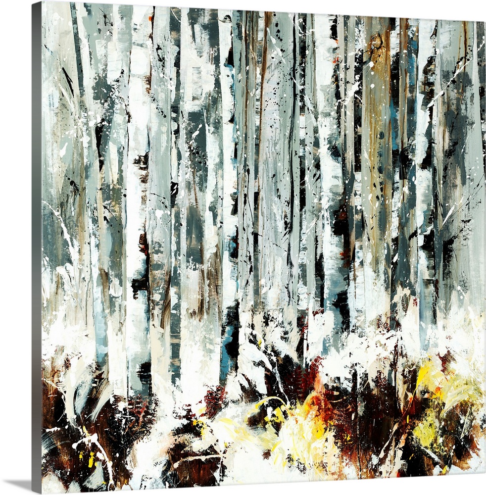 Abstracted painting of birch trees done in various shades of gray.