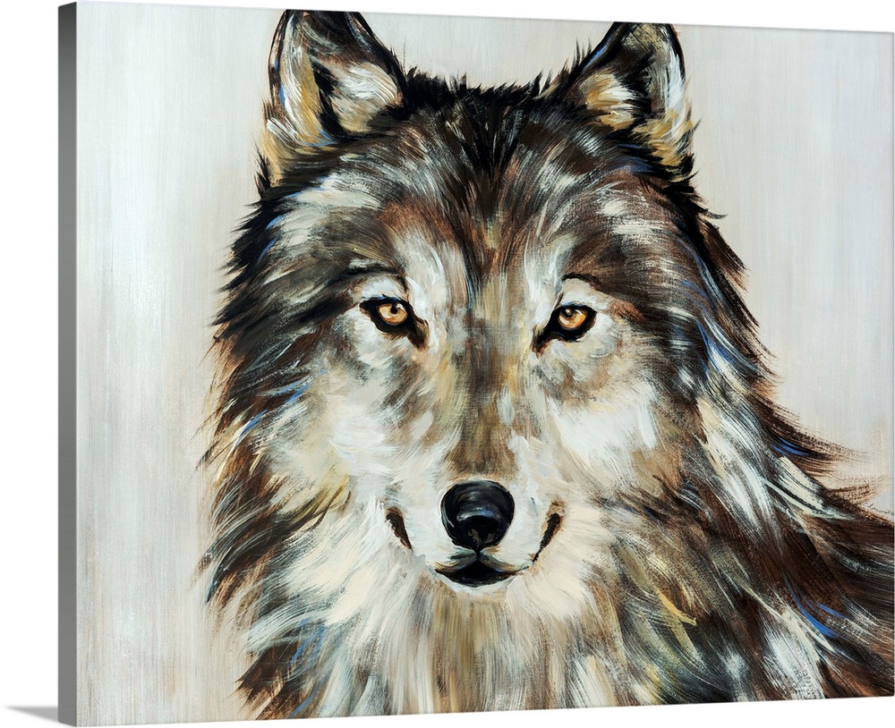 Portrait of a wolf painted in various earth tones.