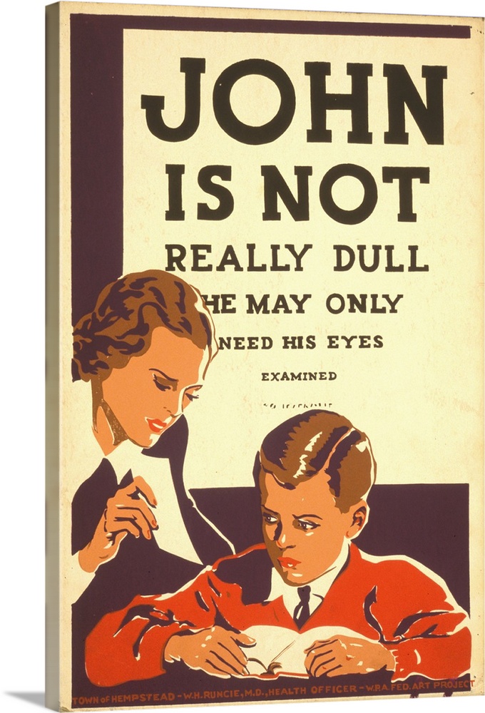 Artwork recommending eye examinations for children having difficulty learning, showing a woman holding an eye chart in fro...