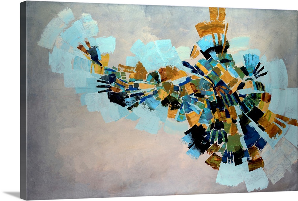 Fan like shapes radiate outward in this abstract painting on a horizontal wall hanging for the office of home.