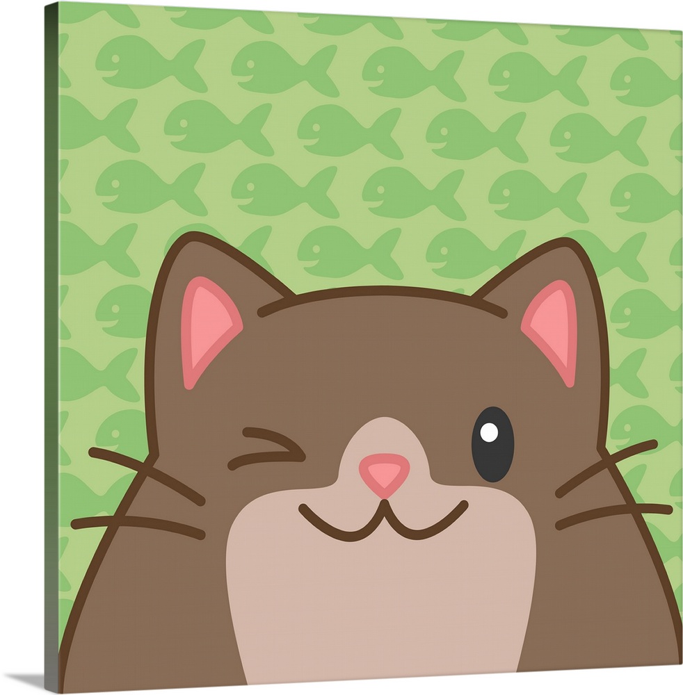 A cute round brown kitty with a happy expression over a fish-patterned background.