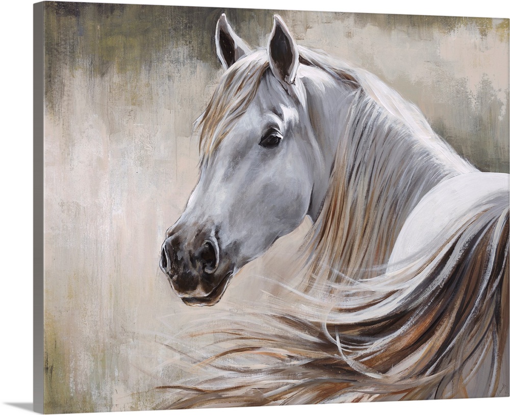 Contemporary painting of a white horse and its flowing mane in front of a neutral background.