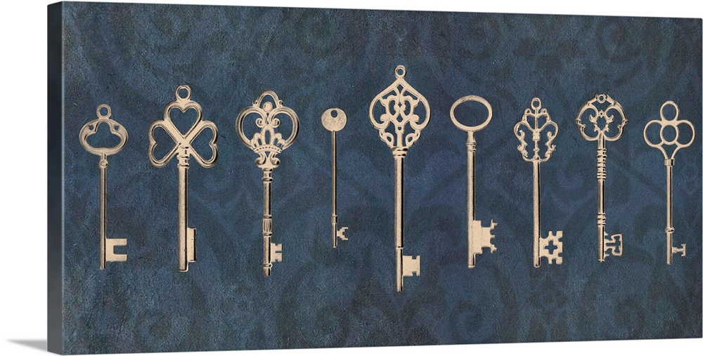 An assortment of vintage keys with ornate designs arranged in a row on a navy blue background.