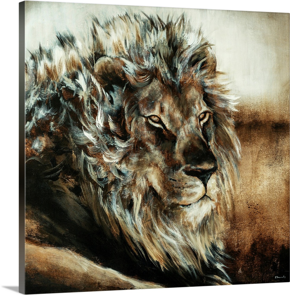 Oversized, square, fine art painting of the upper half of a male lion, using wispy brush strokes.