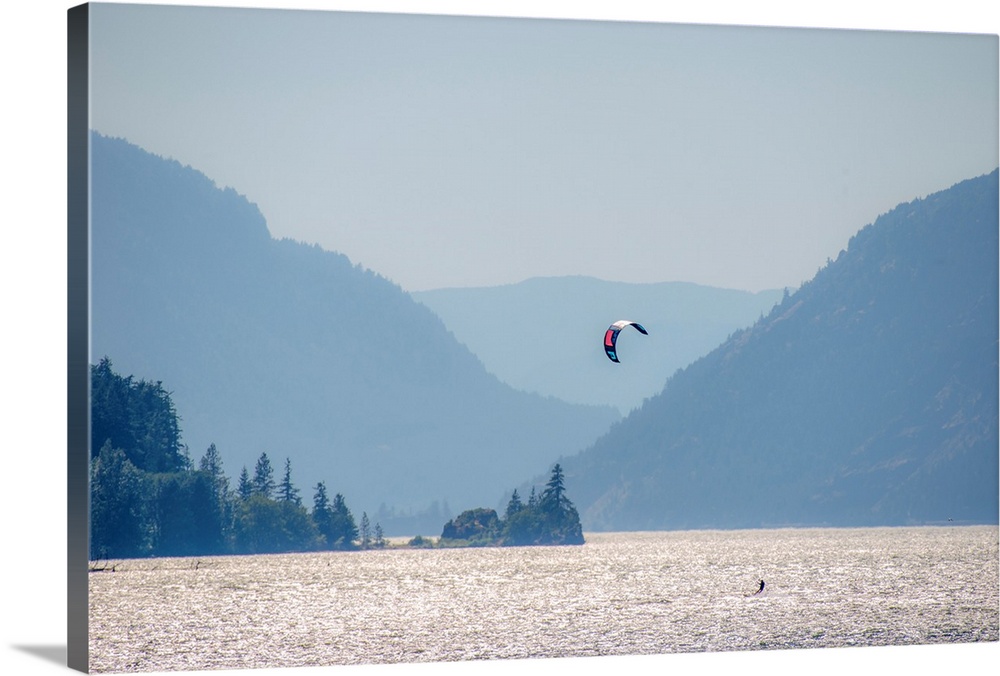 View of a kitesurfer on Columbia River in Portland, Oregon.
