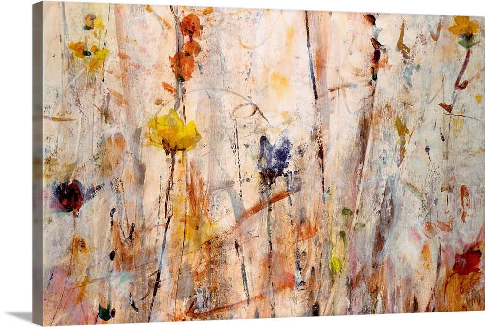 Giant abstract painting of flowers that is composed of inviting tones and lots of vertical lines.