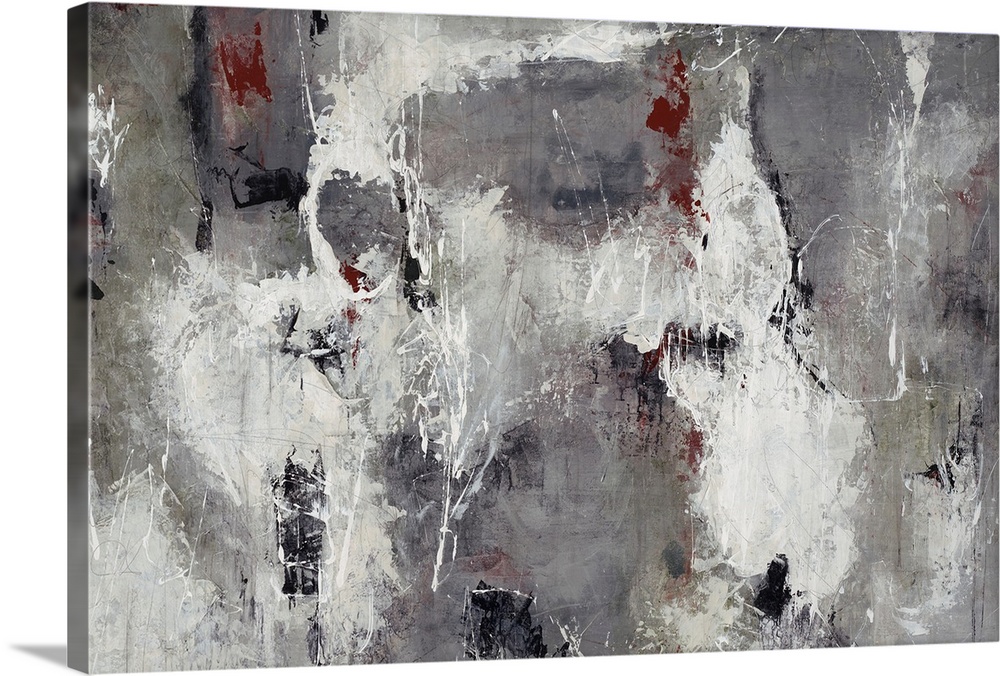 Contemporary painting done in various cool gray tones with tiny maroon accents.
