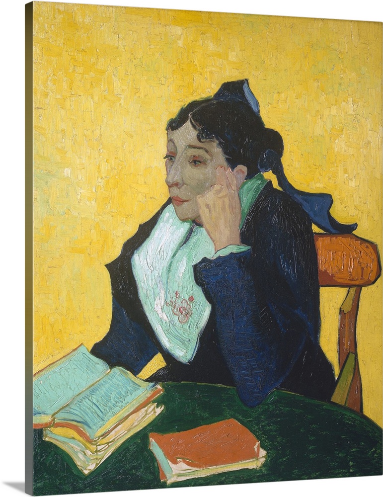 While in Arles, Van Gogh painted two very similar portraits of Marie Ginoux, the proprietress of the Cafe de la Gare, wear...
