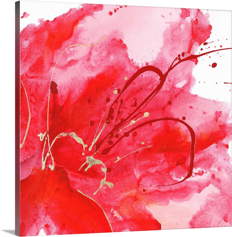 Contemporary abstract painting using a splash of vibrant red against a white background.