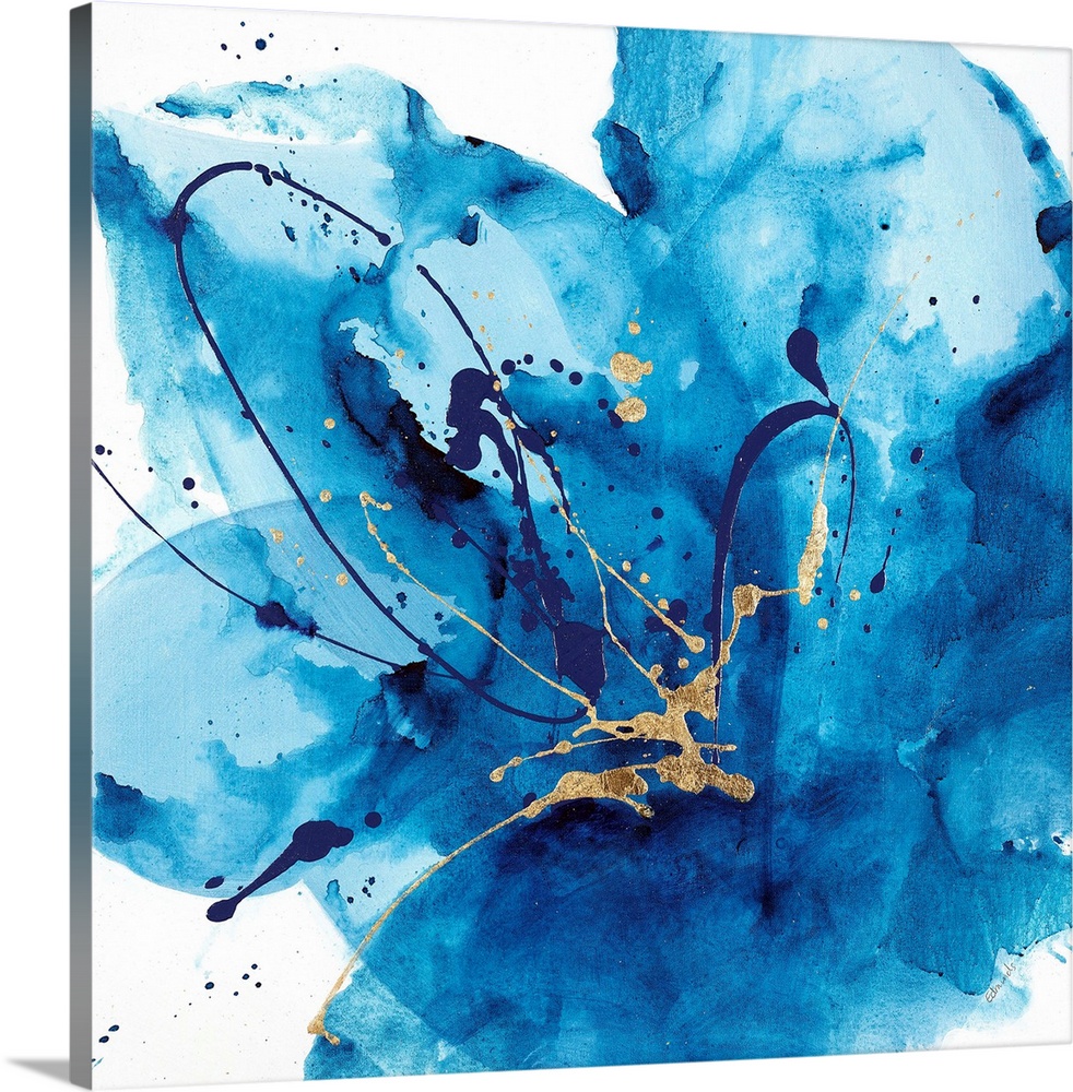 Contemporary abstract painting using a splash of vibrant blue against a white background.