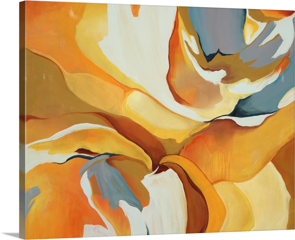 Bright abstract painting of fluid forms in varying shades of yellow, from lemon to mustard.