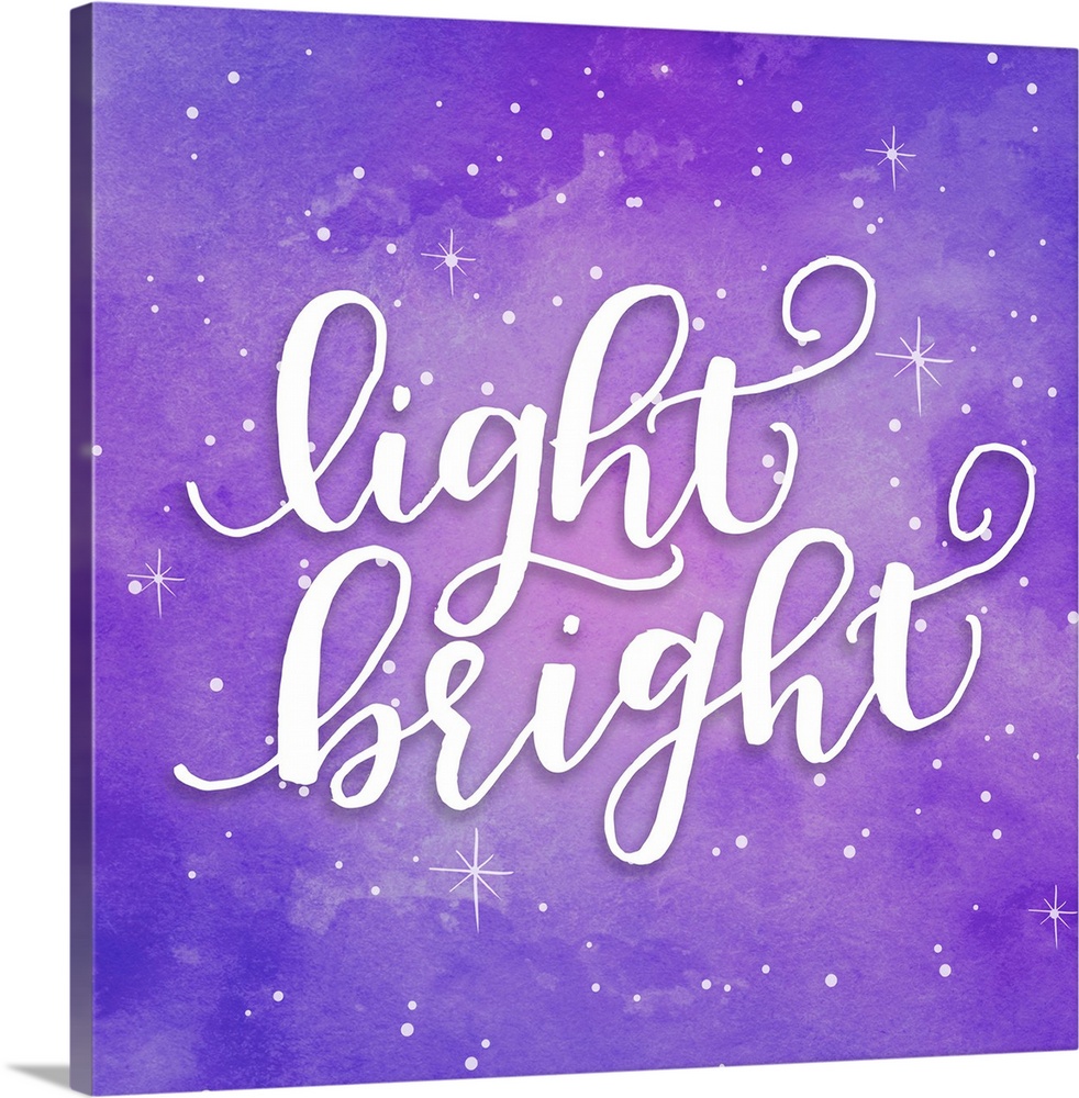Handlettered text reading "Light Bright" on a purple starry background.