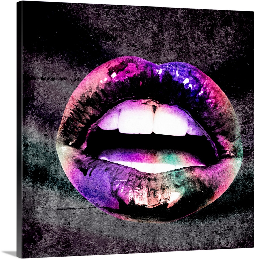 A trippy, pop art image of a pair of parted lips with a shimmery pink and purply effect over the top of them.