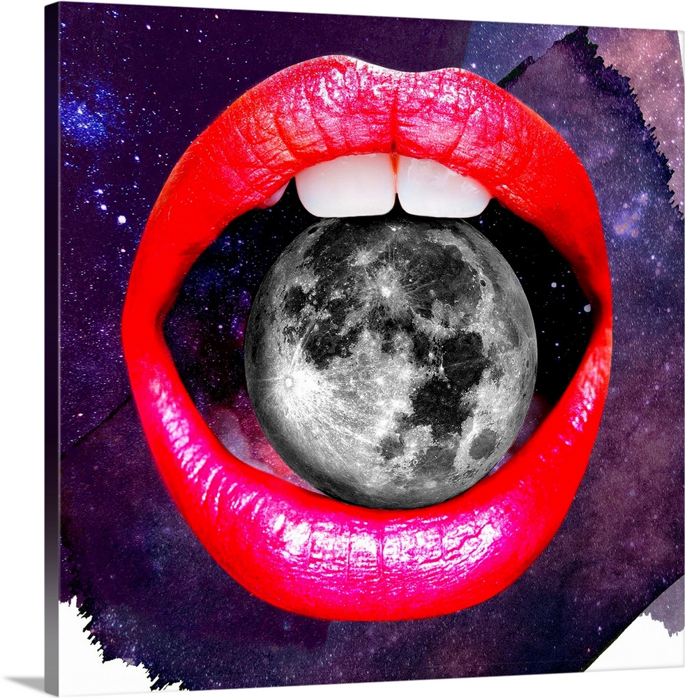 A funky, pop art image of a pair of brightly colored lips holding the moon between their teeth.